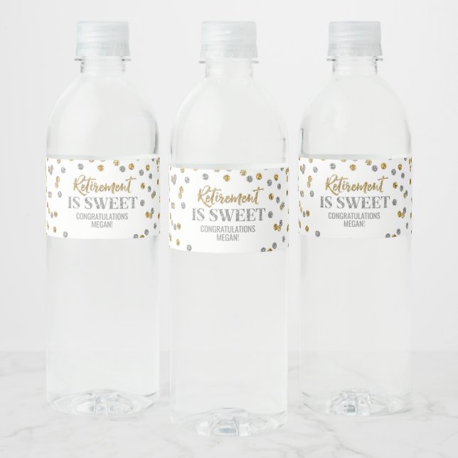 Étiquette Pour Bouteilles D'eau La retraite est douce Or Argent Confetti (Bouteilles)