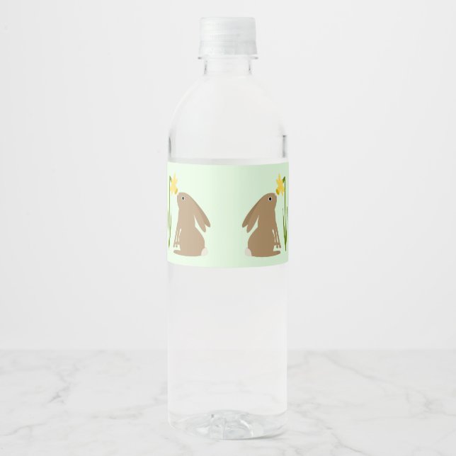 Étiquette Pour Bouteilles D'eau Lapin de Pâques et fleur de jonquille (Devant)