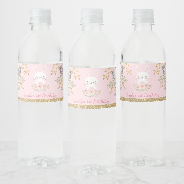 Étiquette Pour Bouteilles D'eau Lapin Fille Lapin Rose Or Floral Anniversaire Favo (Bouteilles)