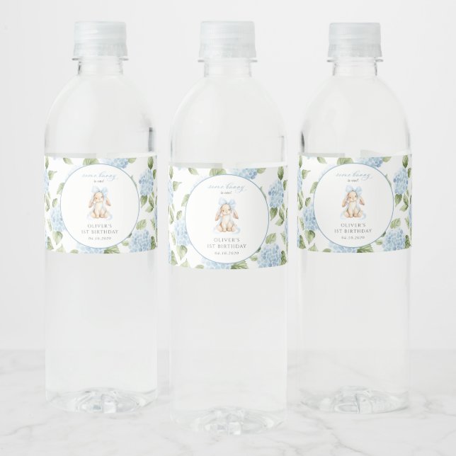 Étiquette Pour Bouteilles D'eau Lapin Mignon, Nœud Bleu, Fleurs Bleues, Premier An (Bouteilles)
