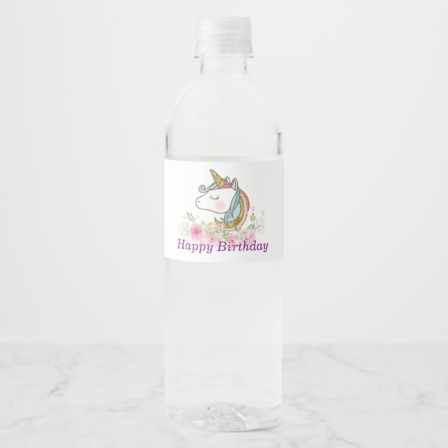 Étiquette Pour Bouteilles D'eau licorne, rose floral, étiquette bouteille d'eau (Devant)
