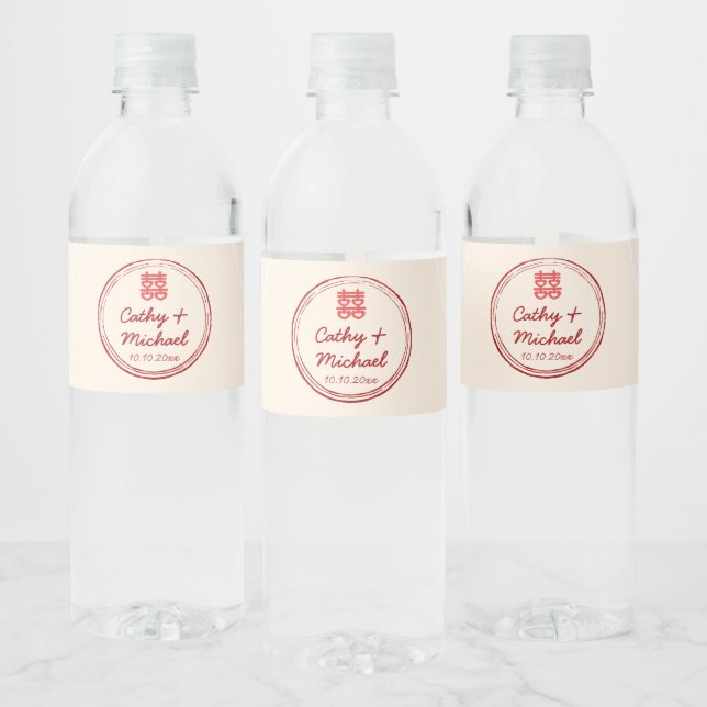 Étiquette Pour Bouteilles D'eau Logo du mariage chinois rose double bonheur (Bouteilles)