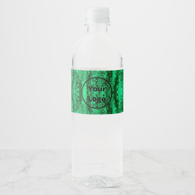 Étiquette Pour Bouteilles D'eau Logo personnalisé sur un motif pixelisé vert et no (Devant)