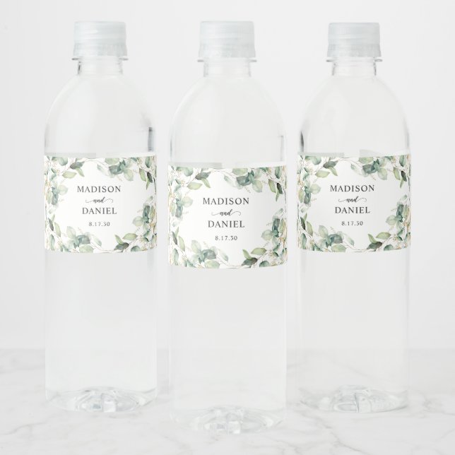 Étiquette Pour Bouteilles D'eau Mariage aux feuilles d'eucalyptus dorées (Bouteilles)
