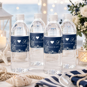 Étiquette Pour Bouteilles D'eau mariage bleu marine dentelle blanche nautique plag