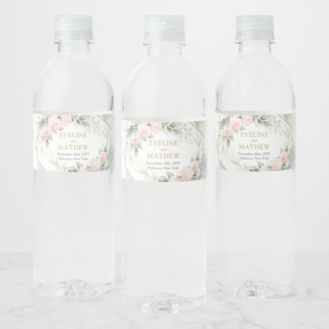 Étiquette Pour Bouteilles D'eau Mariage bohème rose poudré floral pailleté or euca (Bouteilles)