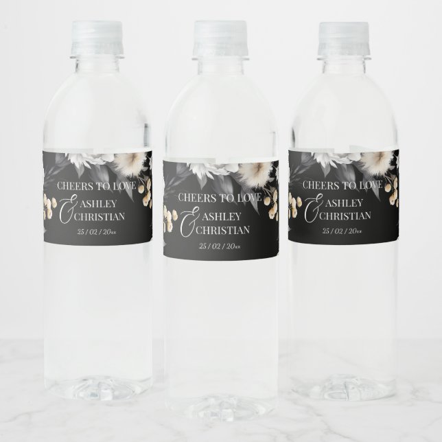 Étiquette Pour Bouteilles D'eau Mariage Boho noir et blanc personnalisé (Bouteilles)
