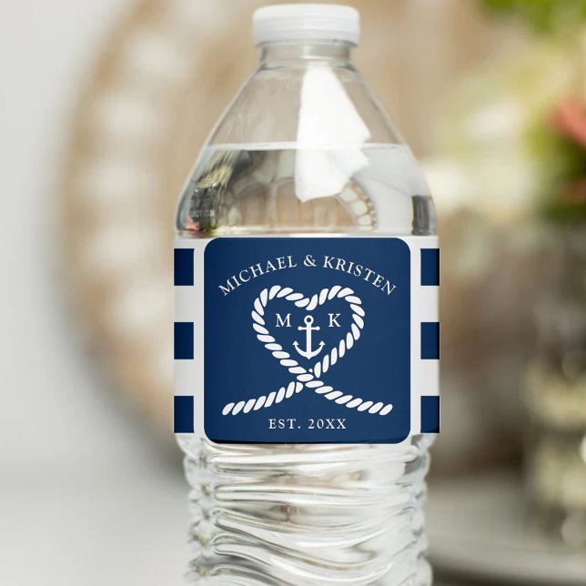 Étiquette Pour Bouteilles D'eau Mariage d'Ancre du coeur rayé bleu marine (Nautical Blue Striped Heart Anchor Wedding Water Bottle Label
)