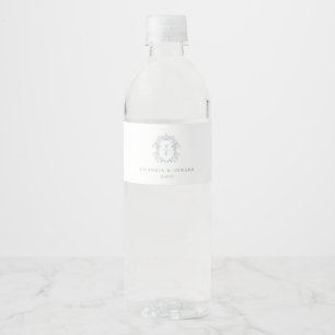 Étiquette Pour Bouteilles D'eau Mariage de monogramme de crête bleu poussiéreux