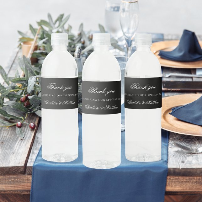 Étiquette Pour Bouteilles D'eau Mariage de script noir blanc merci (Créateur téléchargé)