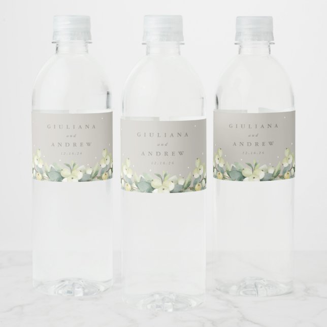 Étiquette Pour Bouteilles D'eau Mariage d'hiver Greige Snowberry+Eucalyptus (Bouteilles)