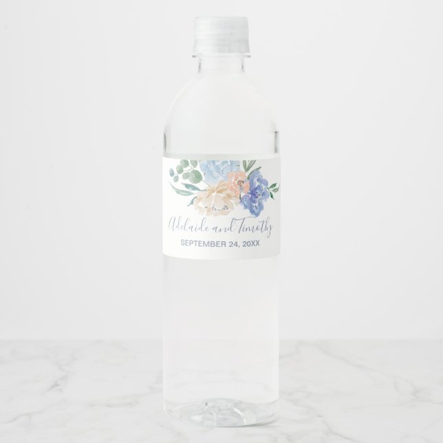 Étiquette Pour Bouteilles D'eau Mariage Dusty Blue Florals (Devant)