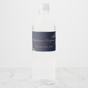 Étiquette Pour Bouteilles D'eau Mariage Élégant Bleu Marine et Or Rose Faux