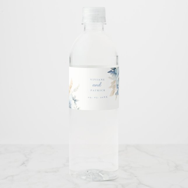 Étiquette Pour Bouteilles D'eau Mariage fleur sauvage bleu poussiéreux (Devant)