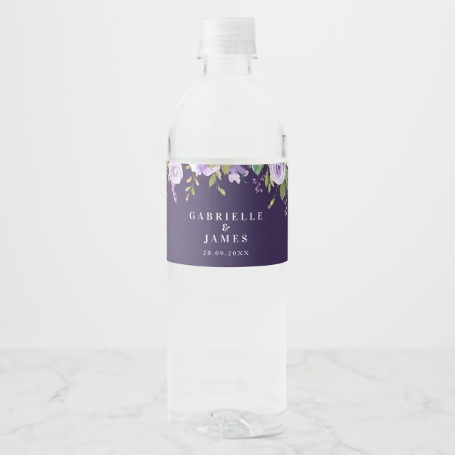 Étiquette Pour Bouteilles D'eau mariage fleuri d'aquarelle violette (Devant)