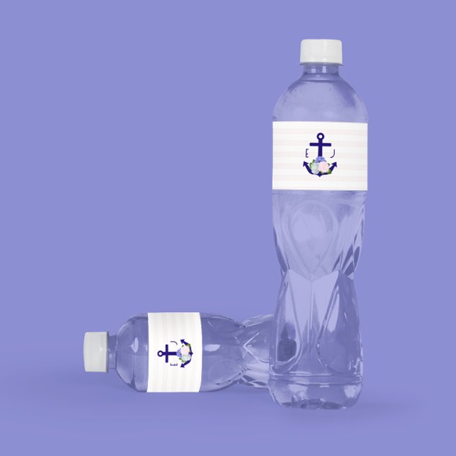 Étiquette Pour Bouteilles D'eau Mariage Fleurs Marins Rayures (Créateur téléchargé)