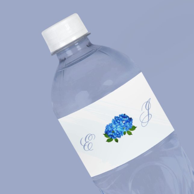 Étiquette Pour Bouteilles D'eau Mariage Floral Hydrangea Bleu (Créateur téléchargé)