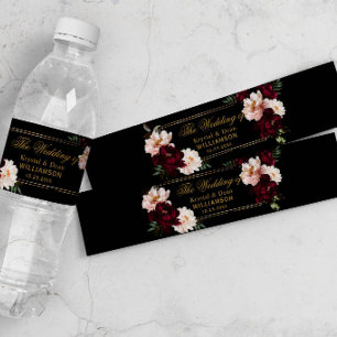 Étiquette Pour Bouteilles D'eau Mariage Floral Noir Burgundy Blush Sombre