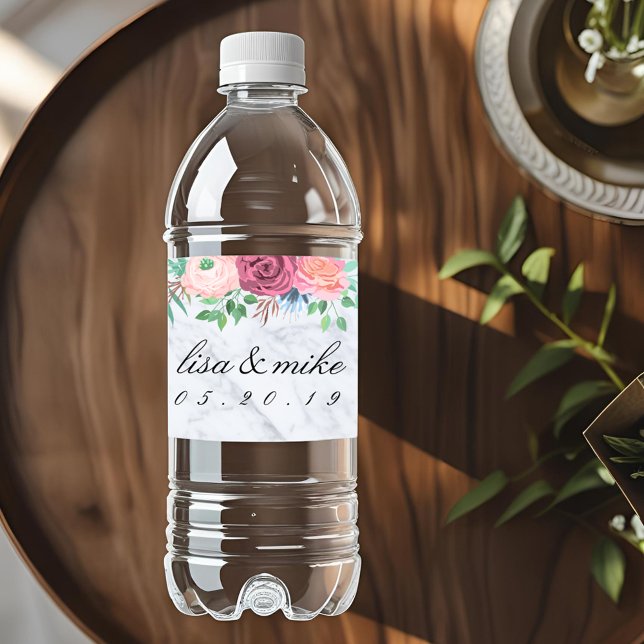 Étiquette Pour Bouteilles D'eau Mariage Floral Rustique Marbre (Créateur téléchargé)