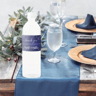 Étiquette Pour Bouteilles D'eau Mariage marine bleu argent brillant coeur merci
