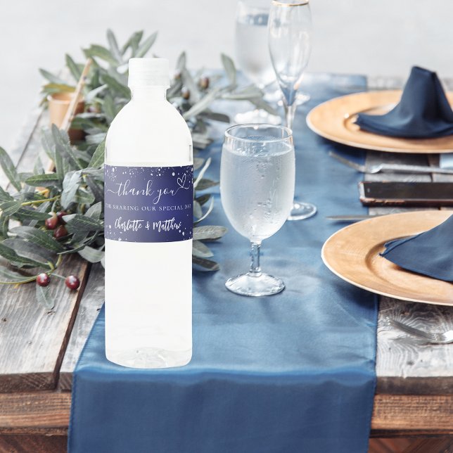 Étiquette Pour Bouteilles D'eau Mariage marine bleu argent brillant coeur merci (Créateur téléchargé)
