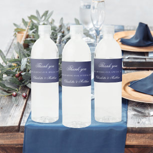 Étiquette Pour Bouteilles D'eau Mariage marine bleu blanc script merci