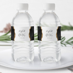 Étiquette Pour Bouteilles D'eau Mariage Moderne Black Gold Agate