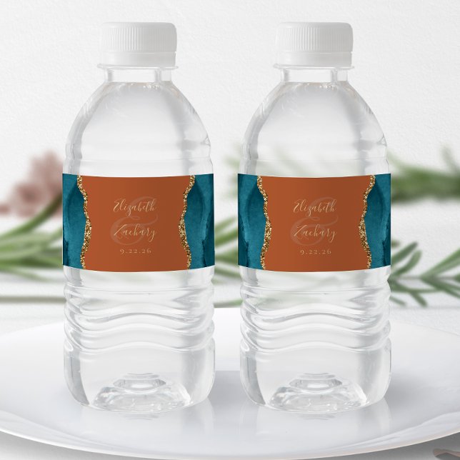 Étiquette Pour Bouteilles D'eau Mariage Moderne Bleu Sarcelle Or Agate Rouille (Créateur téléchargé)