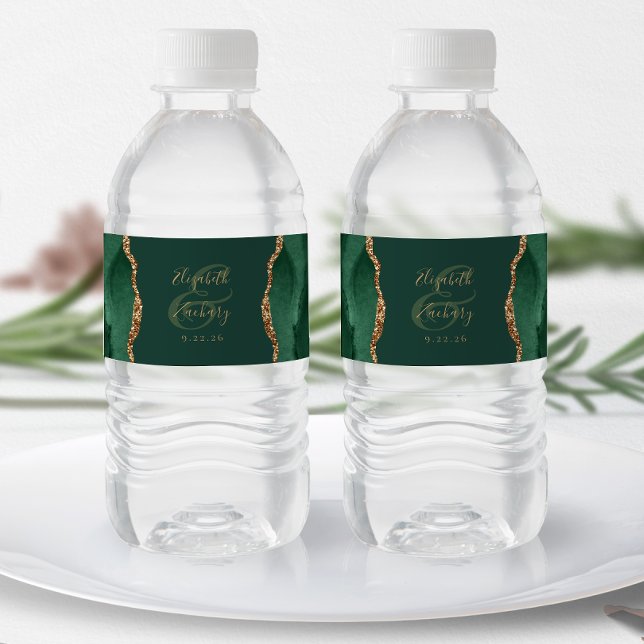 Étiquette Pour Bouteilles D'eau Mariage Moderne Émeraude Vert Agate Or (Créateur téléchargé)