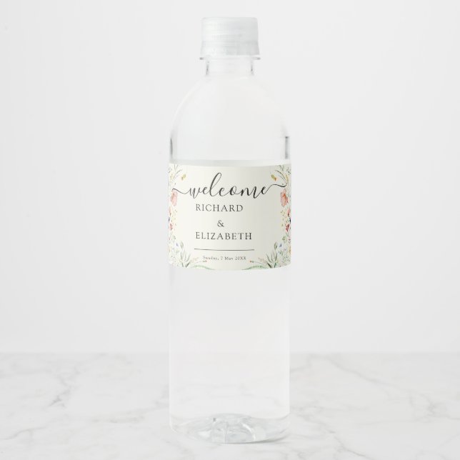 Étiquette Pour Bouteilles D'eau Mariage moderne Fleur sauvage minimal élégant (Devant)