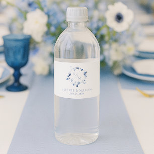 Étiquette Pour Bouteilles D'eau Mariage Monogramme Floral Bleu Poussiéreux