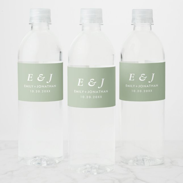 Étiquette Pour Bouteilles D'eau Mariage Monogramme Moderne Vert Sauge (Bouteilles)