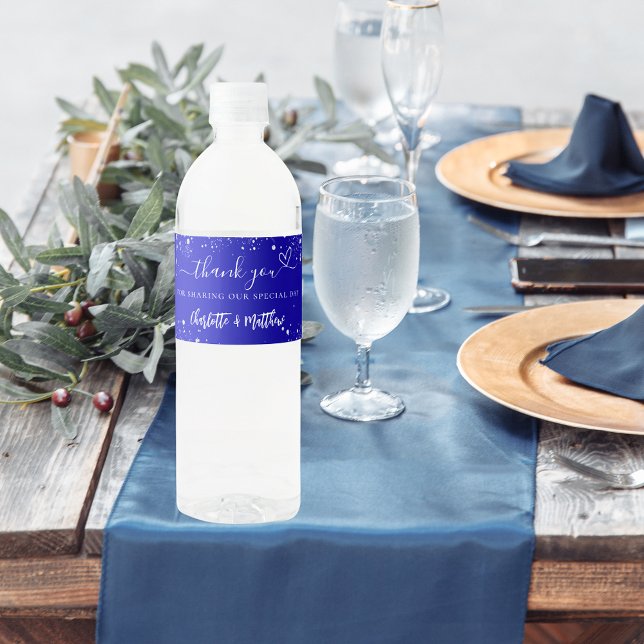 Étiquette Pour Bouteilles D'eau Mariage royal bleu argent brillant coeur merci (Créateur téléchargé)