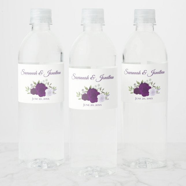 Étiquette Pour Bouteilles D'eau Mariage rustique violet & Lavande Roses élégant (Bouteilles)