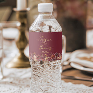 Étiquette Pour Bouteilles D'eau Mariage Simple Bohème Chic Bourguignon avec Fleurs