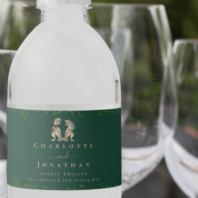 Étiquette Pour Bouteilles D'eau Mariage sur le thème des dinosaures Vert foncé (dark green Dinosaur wedding personalized water bottle labels Eucalyptus foliage T-Rex bride & groom )