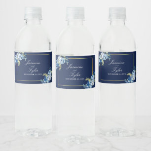 Étiquette Pour Bouteilles D'eau Marine Blue Gold Floral Élégant Mariage du soir Mi