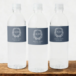Étiquette Pour Bouteilles D'eau Marine Blue Monogram Mariage Floral Crest