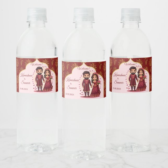 Étiquette Pour Bouteilles D'eau Maroon et or mignon couple mariage indien marié (Bouteilles)