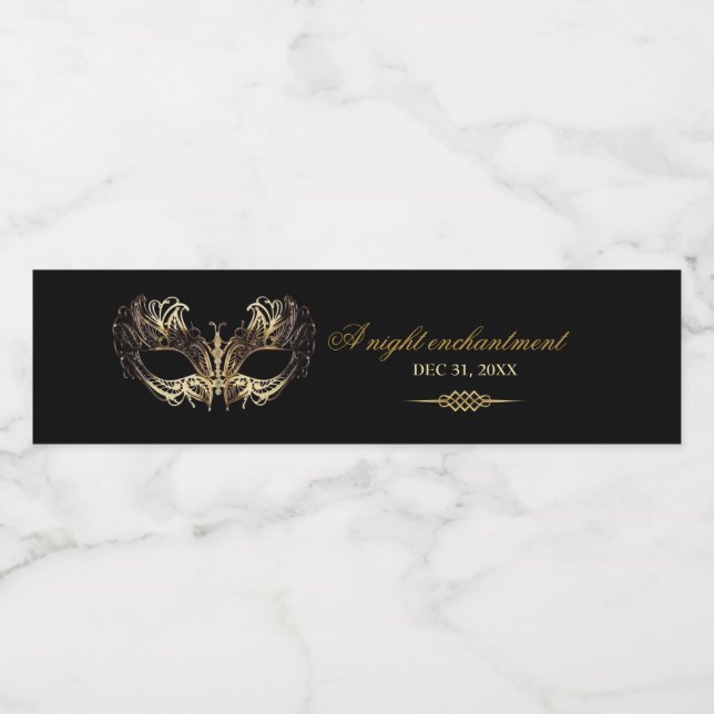 Étiquette Pour Bouteilles D'eau Mask Black Gold 50th Masquerade Birthday  (Étiquettes simples)