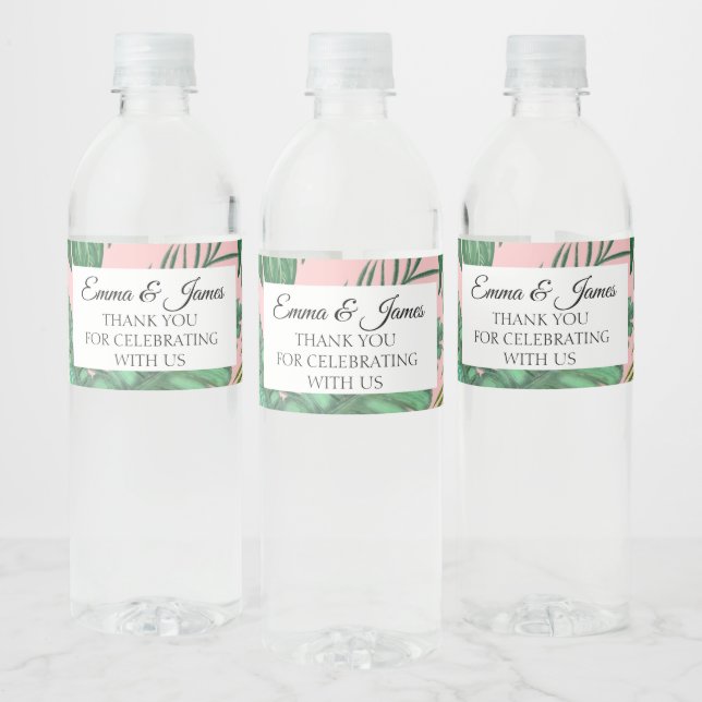 Étiquette Pour Bouteilles D'eau Merci de mariage tropical rose verdure (Bouteilles)