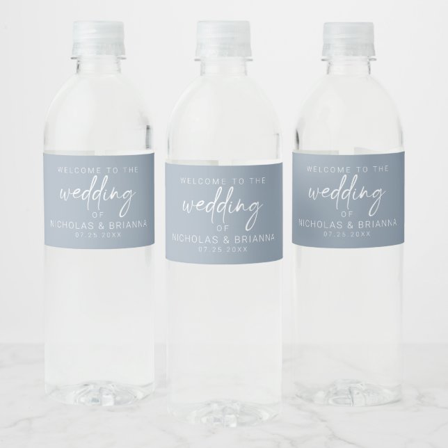 Étiquette Pour Bouteilles D'eau Minimaliste Dusty Blue moderne Mariage élégant (Bouteilles)