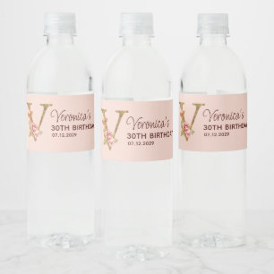Étiquette Pour Bouteilles D'eau Monogramme en or lettre V Roses rose blush