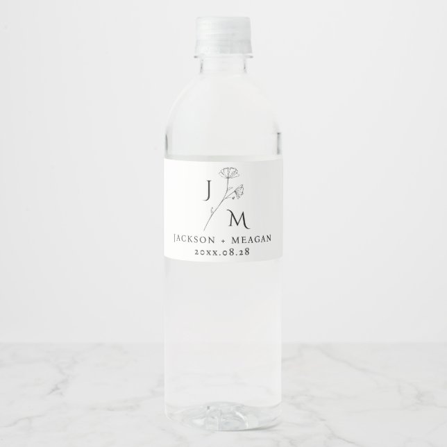 Étiquette Pour Bouteilles D'eau Monogramme floral Mariage personnalisé (Devant)