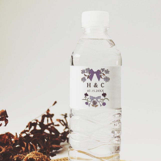 Étiquette Pour Bouteilles D'eau Monogramme Mariage Lilac Bows Blossom (Créateur téléchargé)