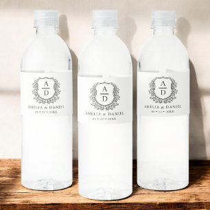 Étiquette Pour Bouteilles D'eau Monogramme noir blanc Mariage Floral Crest