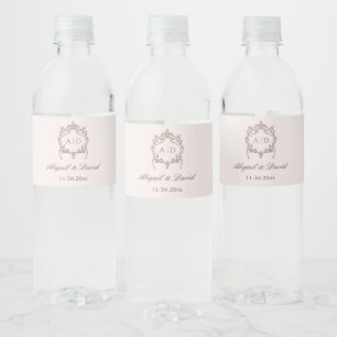Étiquette Pour Bouteilles D'eau Monogrammes de mariage à crête vintage classique