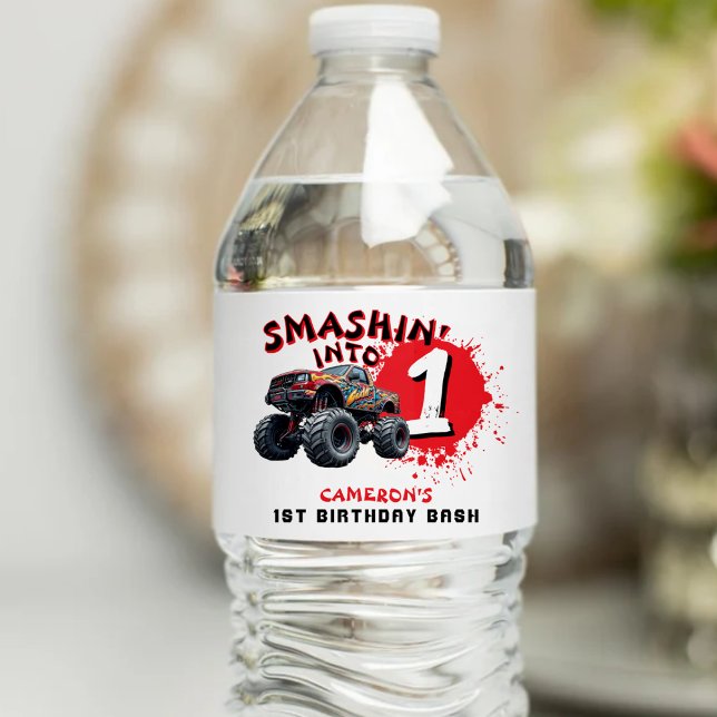 Étiquette Pour Bouteilles D'eau Monster Truck Smash 1er anniversaire (Monster Truck Smash 1st Birthday Water Bottle Label
)