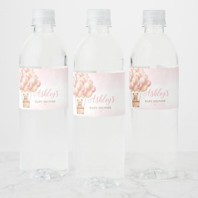 Étiquette Pour Bouteilles D'eau Montgolfière Ours Rose  (Bouteilles)
