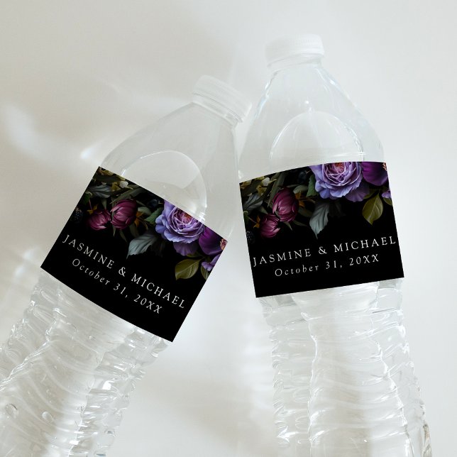 Étiquette Pour Bouteilles D'eau Moody Gothic Purple Floral Mariage (Créateur téléchargé)